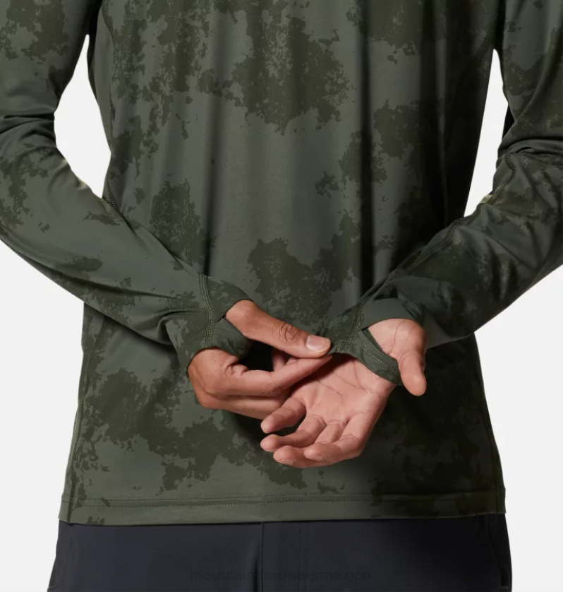 hombres tapas excedente de impresión de tinte verde disperso Mountain Hardwear equipo de manga larga del lago del cráter 84RX67 - Image 4